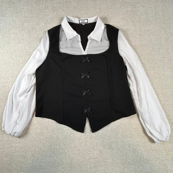 Discreet Tops - Discreet Women's Black White Long Sleeve Blouse Bow 1X 90s Retro Schoolgirl Crop
